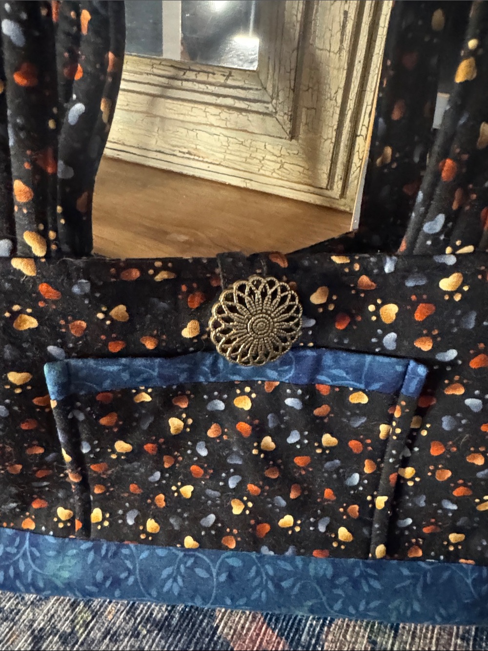 Quilted Black Paw Print Tote with Blue Trim